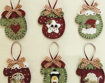 Wool Applique Pattern, Merry Mittens, Christmas Decor, Winter Decor, Ornaments, Star, Santa Hat, Penny Lane Primitives, PATTERN ONLY