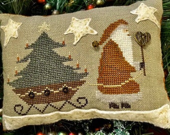 Cross Stitch Pattern, Santa's On His Way, Merry Noel Collection, Pillow Ornament, Primitive Decor, Folk Art, Homespun Elegance, PATTERN ONLY