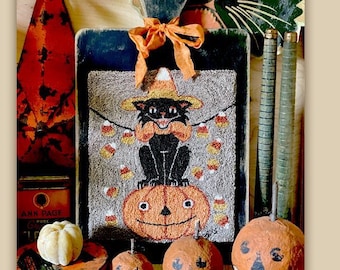 PRE-Order, Punch Needle Pattern, Candy Corn Kitty, Primitive Decor, Halloween Decor, Teresa Kogut, Punch Needle Embroidery, PATTERN ONLY