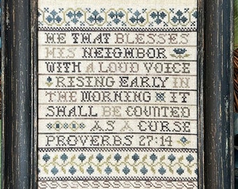 Counted Cross Stitch Pattern, Rising Early, Proverbs 27:14, Religious, Scriptural Sampler, Flower Border, My Big Toe Designs, PATTERN ONLY