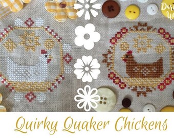 Counted Cross Stitch Pattern, Quirky Quaker Chickens, Country Rustic, Pillow Ornament, Bowl Filler, Darling & Whimsy Designs, PATTERN ONLY