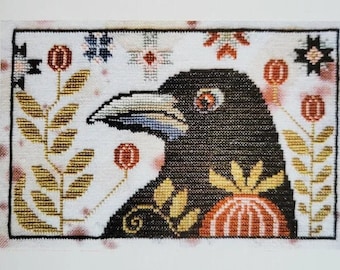 Counted Cross Stitch, Byron Blackbird, Country Chic, Flower Motifs, Black Bird, Pillow, Gigi Reavis, The Artsy Housewife, PATTERN ONLY