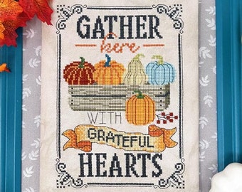 Counted Cross Stitch Pattern, Gather Here Sign, Autumn Decor, Thanksgiving Decor, Inspirational, Pumpkins, Tiny Modernist, PATTERN ONLY