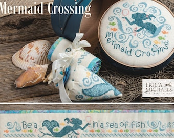 Counted Cross Stitch Pattern, Mermaid Crossing, Pin Berries, Needle Roll, Box Top, Shabby Cottage, Erica Michaels, PATTERN ONLY