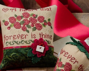 Counted Cross Stitch Pattern, Forever Thine, Valentine's Day Decor, Pin Pillow, Strawberry Pin Keep, Roses, Erica Michaels, PATTERN ONLY