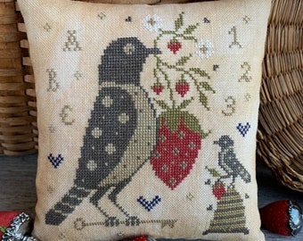 Counted Cross Stitch Pattern, Summer Sweets Pinkeep, Early Bird Series, Strawberry, Bees, Primitive, Scattered Seed Samplers, PATTERN ONLY