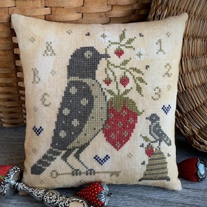 Counted Cross Stitch Pattern, Summer Sweets Pinkeep, Early Bird Series, Strawberry, Bees, Primitive, Scattered Seed Samplers, PATTERN ONLY