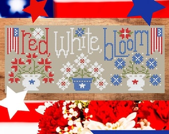 Counted Cross Stitch, Red, White Bloom, Patriotic, Flags, Summer Decor, Pillow Ornament, Flowers, Shannon Christine Designs, PATTERN ONLY