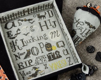 Cross Stitch Pattern, Come Back at Midnight, Alphabet Sampler, Berry, Sewing Tray, Bowl Filler, Erica Michaels, PATTERN ONLY