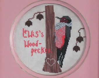 Counted Cross Stitch Pattern, Lewis's Woodpecker, Garden Decor, Pink Woodpecker, Heart Motif, Cottage Chic, Lindy Stitches, PATTERN ONLY