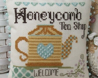 Counted Cross Stitch Pattern, Honeycomb Tea Shop, Have a Cuppa Series, Teapot, Carolyn Robbins, KiraLyns Needlearts. PATTERN ONLY