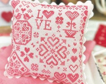 Counted Cross Stitch Pattern, Valentine's Day Quaker, Monochromatic, Love, Heart Motifs, Primrose Cottage Stitches, PATTERN ONLY