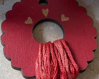 Ruffled Red Thread Drops, Thread Drops, Wood Thread Drops, Floss Holder, Heart in Hand, The Bee Company