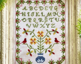 Counted Cross Stitch Pattern, Winter Sampler, Alphabet Sampler, Cardinals, Motif Border, Yasmin's Made with Love, PATTERN ONLY