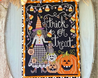 Counted Cross Stitch Pattern, Trick or Treat, Halloween Witch, Candy Corn, Pumpkins, Stitching with the Housewives, PATTERN ONLY