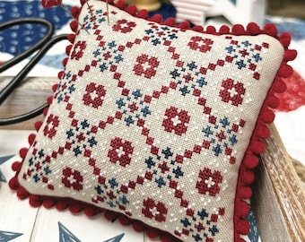 Counted Cross Stitch Pattern, Red White and Blue Quilt, Americana, Pillow Ornament, Primrose Cottage Stitches, PATTERN ONLY