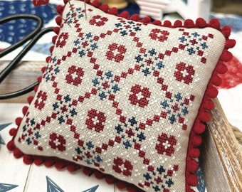 Counted Cross Stitch Pattern, Red White and Blue Quilt, Americana, Pillow Ornament, Primrose Cottage Stitches, PATTERN ONLY