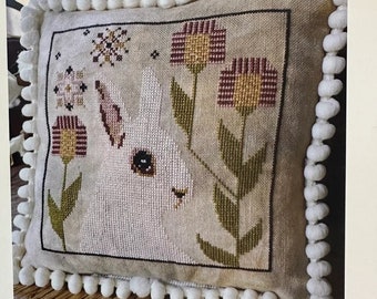 Counted Cross Stitch, Bedelia Bunny, Country Chic, Flower Motifs, White Rabbit, Pillow, Gigi Reavis, The Artsy Housewife, PATTERN ONLY