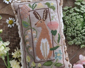 Counted Cross Stitch Pattern, Tudor Hare, Spring Decor, Pillow Ornament, Bowl Filler, Flowers, The Blue Flower, PATTERN ONLY