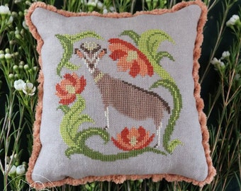 Cross Stitch Pattern, Tudor Goat, Garden Decor, Spring Decor, Farm Animal, Goad, The Blue Flower, PATTERN ONLY