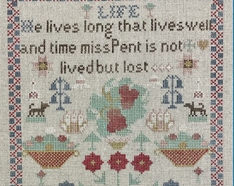 Counted Cross Stitch Pattern, Life by Ed 1890, Reproduction Verse Sampler, Birds, Floral Motifs, Needlework Press, PATTERN ONLY