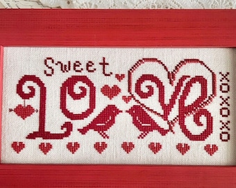 Counted Cross Stitch Pattern, Sweet Love, Red Sampler, Red Bird, Monochromatic Sampler, Valentine's Day, Luminous Fiber Arts, PATTERN ONLY