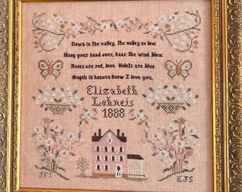 Counted Cross Stitch Pattern, Down in the Valley, Original Sampler, Verse Sampler, Flower Motifs, Annie Beez, PATTERN ONLY