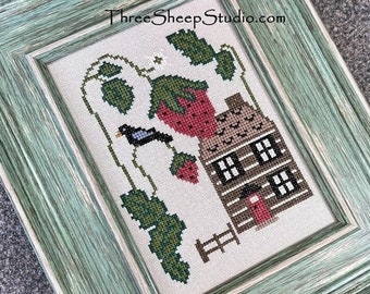 Counted Cross Stitch Pattern, Strawberry Cottage, Spring Decor, Crow, Log Cabin, Motifs, Rose Clay, Three Sheep Studio, PATTERN ONLY