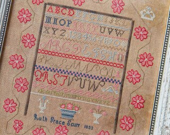 Counted Cross Stitch Pattern, Ruth Grace Scurr, 1832 Alphabet Reproduction Sampler, Flowers, Little Robin Designs, PATTERN ONLY