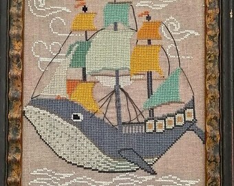 Counted Cross Stitch Pattern, Afloat, Sea Life, Whale, Ship, Primitive, Country Rustic, Twin Peak Primitives, PATTERN ONLY