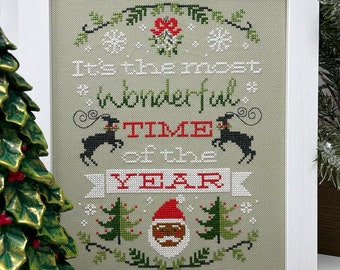 Counted Cross Stitch Pattern, Christmastime, Christmas Decor, Reindeer, Evergreens, Santa Face, Snowflakes, Tiny Modernist, PATTERN ONLY