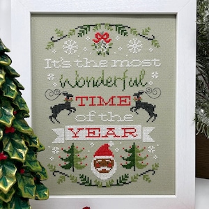 Counted Cross Stitch Pattern, Christmastime, Christmas Decor, Reindeer, Evergreens, Santa Face, Snowflakes, Tiny Modernist, PATTERN ONLY