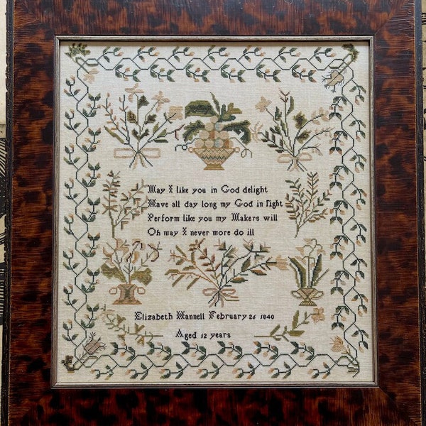 Counted Cross Stitch Pattern, A Natural Beauty, Elizabeth Hannell 1840, Reproduction Sampler, Shakespeare's Peddler, PATTERN ONLY