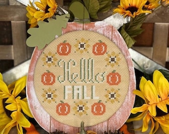 Counted Cross Stitch, Hello Fall, Autumn Decor, Pumpkins, Pillow Ornament, Bowl Filler, Small Town Needleworks, PATTERN ONLY