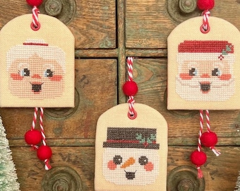 Counted Cross Stitch Pattern, Merry Minikins, Christmas Decor, Santa, Snowman, Tag Ornaments, Luminous Fiber Arts, PATTERN ONLY