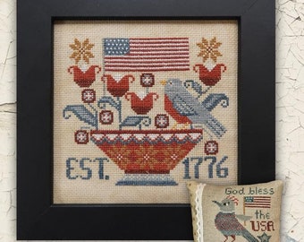 Counted Cross Stitch Pattern, Patriotic Tweet, God Bless the U S A, Americana, Primitive Rustic, 1776, Teresa Kogut, PATTERN ONLY