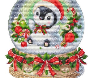 Counted Cross Stitch Pattern, Christmas Penguin Snowball, Christmas Decor, Snow Globe, Snowflakes, Les Petites Croix de Lucie, PATTERN ONLY