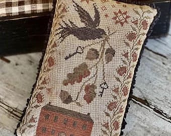Counted Cross Stitch Pattern, As the Crow Flies, Pin Keep, Primitive Pillow, Autumn Decor, Keys, Acorns, Motifs, Stacy Nash, PATTERN ONLY
