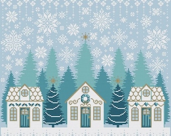 Counted Cross Stitch, Snow Day, Winter Decor, Christmas Decor, Snowflake Motifs, Evergreen Forest, Shannon Christine Designs, PATTERN ONLY