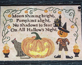 Counted Cross Stitch, Pumpkins Alight, Halloween Decor, Pillow, Poem Sampler, Jack Goblin, Cat, Moon, Little Robin, PATTERN ONLY