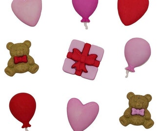 Love You Beary Much, Romance Collection, Shank Buttons, Pink and Red Buttons, Bear, Balloons, Gift, Hearts, #4319, Buttons Galore & More