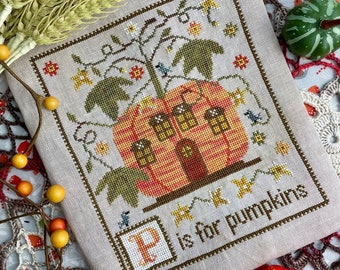 Counted Cross Stitch Pattern, P is for Pumpkin, Autumn Decor, Pumpkin House, Birds, Stars, Yasmin's Made with Love, PATTERN ONLY