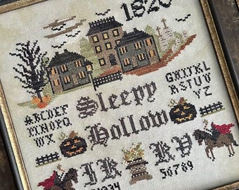 PRE-Order, Cross Stitch Pattern, Sleepy Hollow Sampler, Washington Irving's 1820 Classic, Halloween Decor, Finally a Farmgirl, PATTERN ONLY