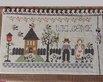 Counted Cross Stitch Pattern, Welcome, Amish, Sheep, Farm Primitive Decor, 32ct Old England Linen, Nikyscreations, KIT ONLY