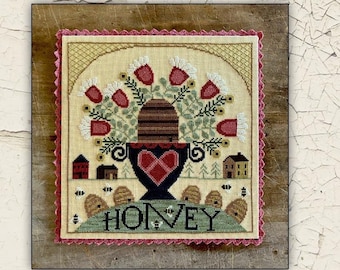 Counted Cross Stitch Pattern, Honey, Bee Skep, Bumble Bees, Saltbox House, Flower Garden, Teresa Kogut, PATTERN ONLY