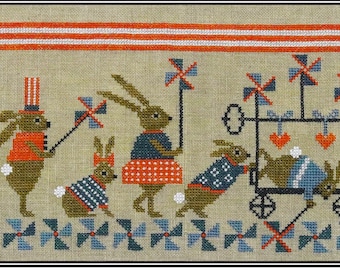 Counted Cross Stitch Pattern, Patriotic Pinwheel Parade, Americana, Whimsical, Rabbits, Flag, Pillow, Artful Offerings, PATTERN ONLY