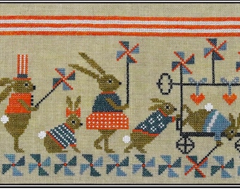 Counted Cross Stitch Pattern, Patriotic Pinwheel Parade, Americana, Whimsical, Rabbits, Flag, Pillow, Artful Offerings, PATTERN ONLY