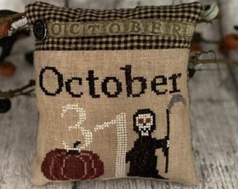 Counted Cross Stitch Pattern, 31st October Pillow, Pumpkin, Grim Reaper, Halloween Decor, Ornament, Bowl Filler, Mani di Donna, PATTERN ONLY