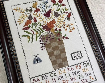 Counted Cross Stitch Pattern, Fall Forage, Autumn Decor, Leaf Motifs, Berries, Alphabet Sampler, Rose Clay, Three Sheep Studio, PATTERN ONLY