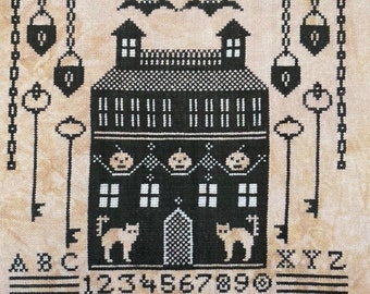 Cross Stitch Pattern, Haunted Manor House, Halloween Sampler, Keys, Locks, Bats, Cats, Manor, Karina Hittle, Artful Offerings, PATTERN ONLY